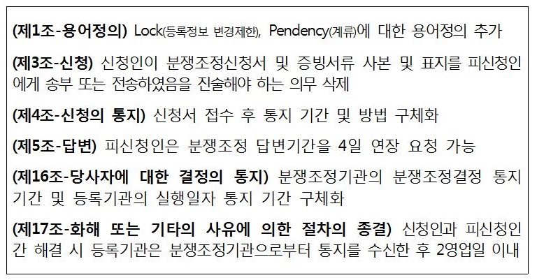 (제1조-용어정의):Lock(등록정보 변경제한), Pendency(계류)에 대한 용어정의 추가 (제3조-신청):신청인이 분쟁조정신청서 및 증빙서류 사본 및 표지를 피신청인에게 송부 또는 정송하였음을 진술해야 하는 의무 삭제 (제4조-신청의 통지):신청서 접수 후 통지 기간 및 방법 구체화 (제5조-답변):피신청인은 분쟁조정 답변기간을 4일 연장 요청 가능 (제16조-당사자에 대한 결정의 통지):분쟁조정기관의 분쟁조정결정 통지 기간 및 등록기관의 실행일자 통지 기간 구체화 (제17조-화해 또는 기타의 사유에 의한 절차의 종결):신청인과 피신청인 간 해결 시 등록기관은 분쟁조정기관으로부터 수신한 후 2영업일 이내